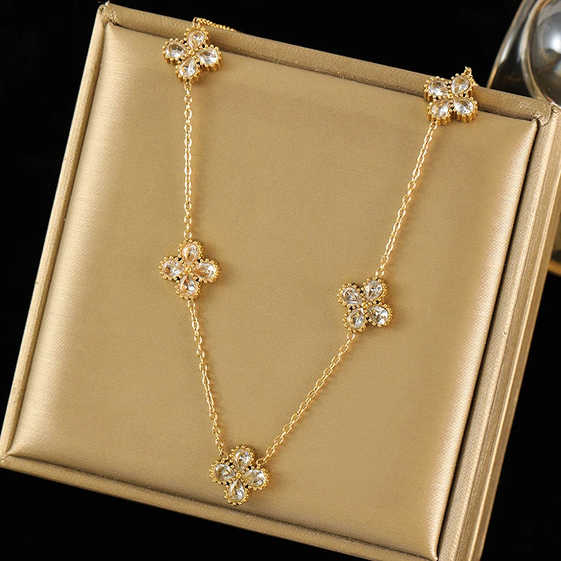 EILIECK 316L Stainless Steel White Zirconia Flower Petal Necklace Bracelet Earrings Set For Women New Trendy Jewelry Party Gift