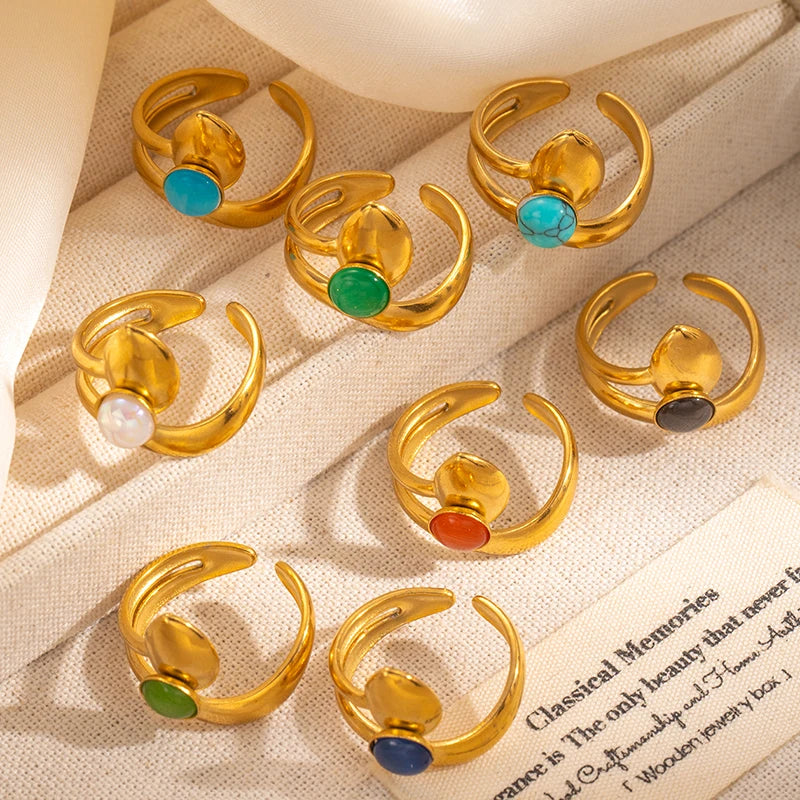 ANENJERY 316L Stainless Steel Colorful Stone Water Droplets Open Ring for Women Personality Niche Jewelry Niche Gifts Wholesale