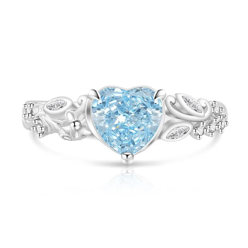 925 Sterling Silver Heart Ice Flower Cut Solitaire Ring, Antique Floral Band with Marquise Side Zircon, Ladies Party Jewelry
