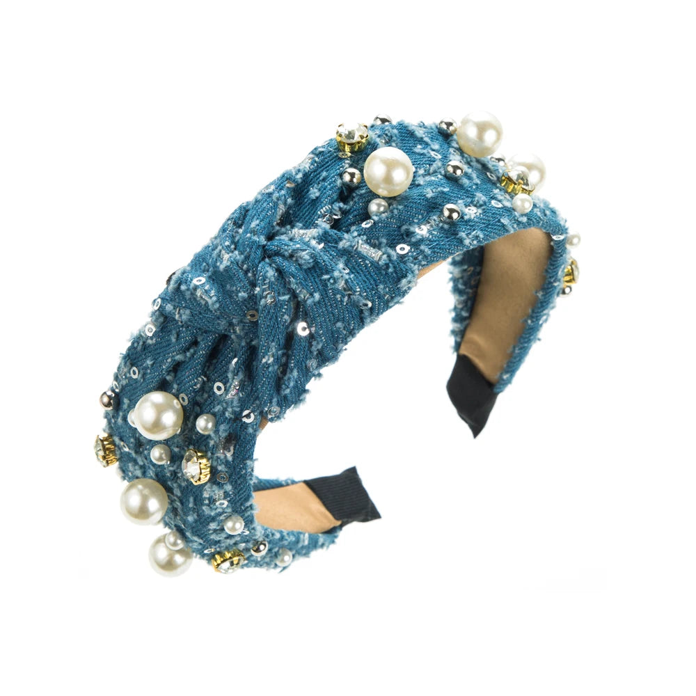 New European And American Denim Fabric Hairbands For Women With A High-End Sense Of Fashion And Trendy Pearl Glitter Headband