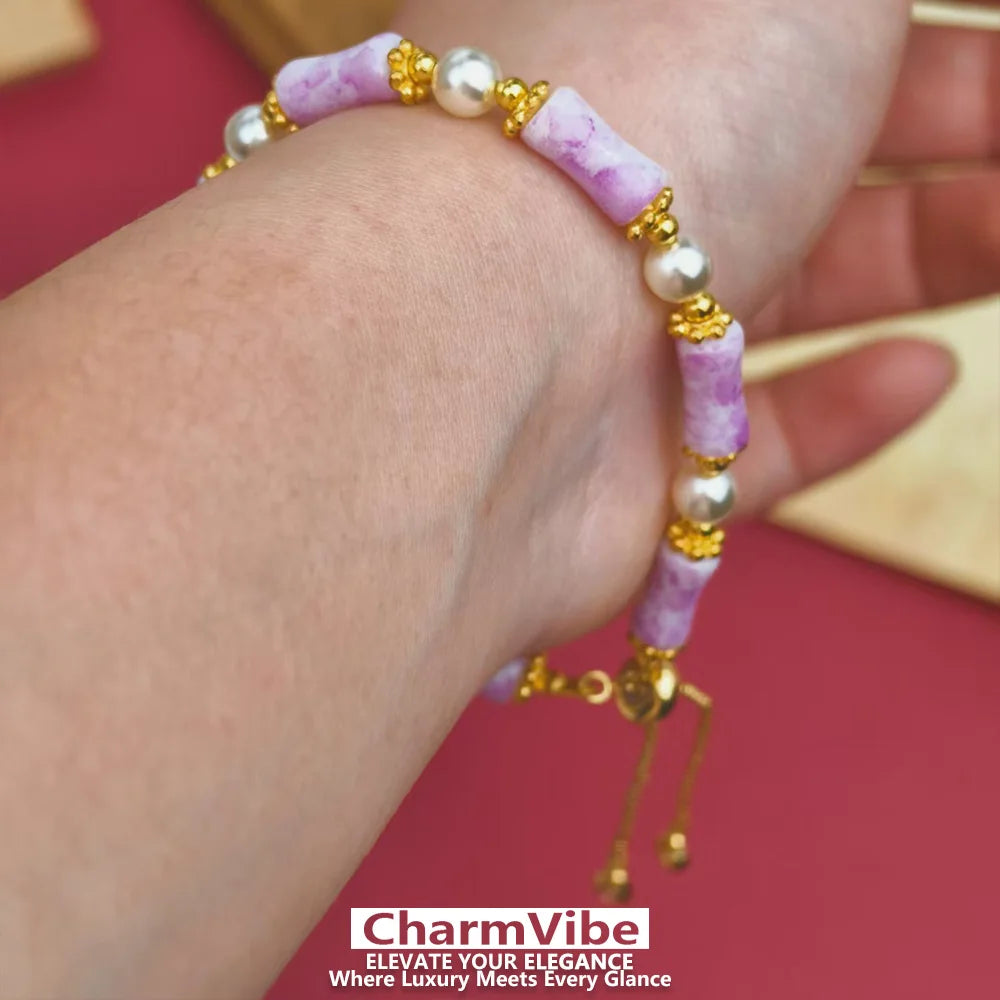 Dainty purple Stone Bamboo Beaded Bracelet for Women Golden Pearl Adjustable Drawstring Bracelet Wedding Party Jewelry Gift