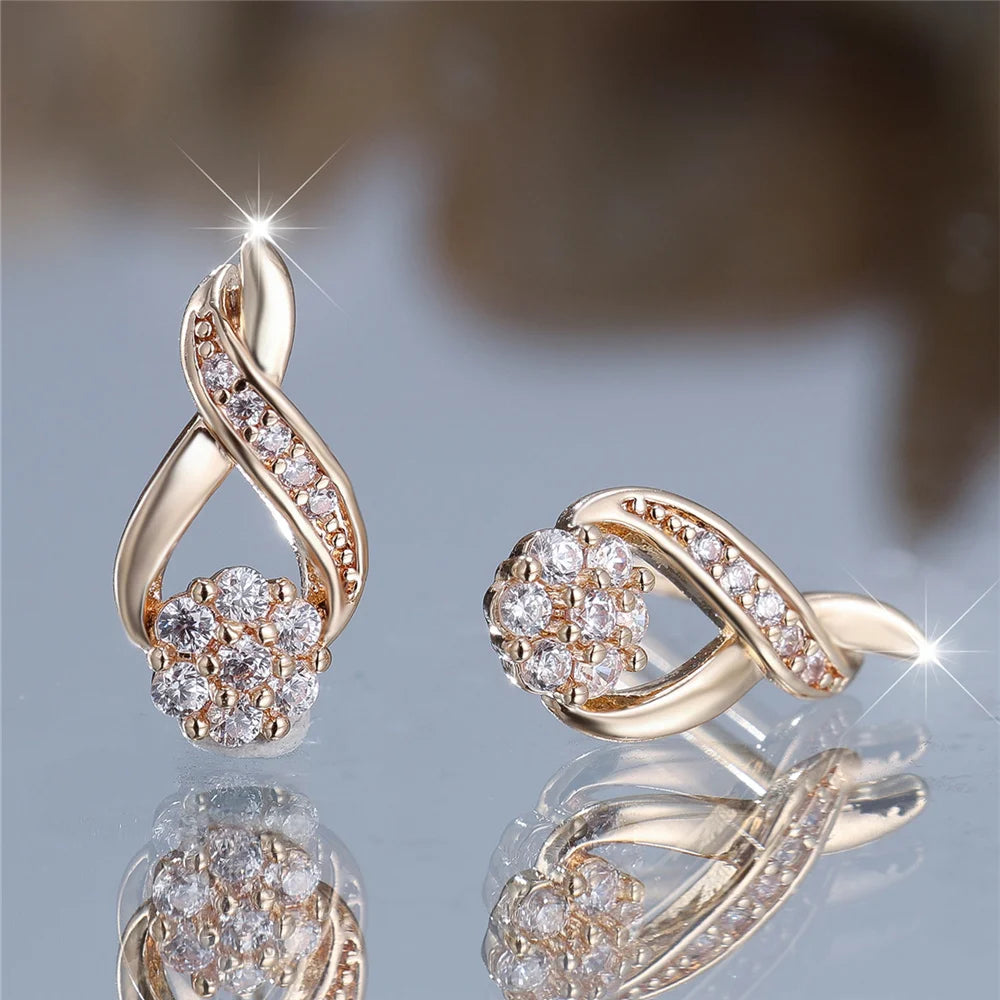 Cute Female Small White Round Stone Snowflake Stud Earrings Gold Color Zircon Wedding Jewelry For Women