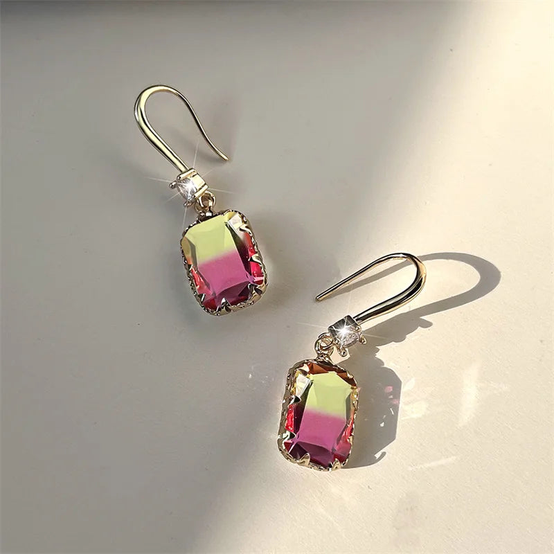 Cute Female Red Green Rainbow Drop Earrings Luxury White Crystal Earrings Yellow Gold Color Wedding Earrings For Women