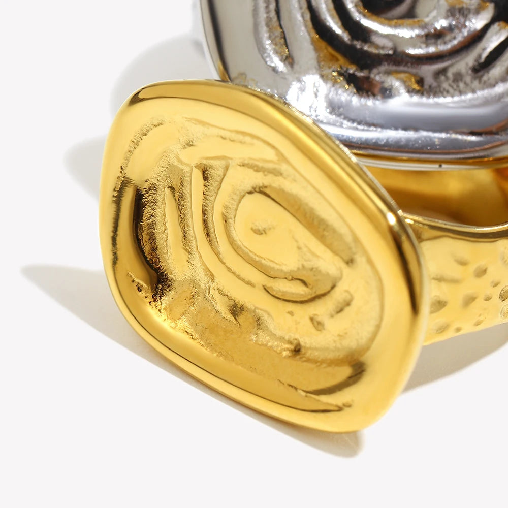 E.B.belle Stainless Steel Irregular Pattern Ring 18K Gold Plated Tarnish Free Hypoallergrnic Charm Jewelry For Wome's Gift