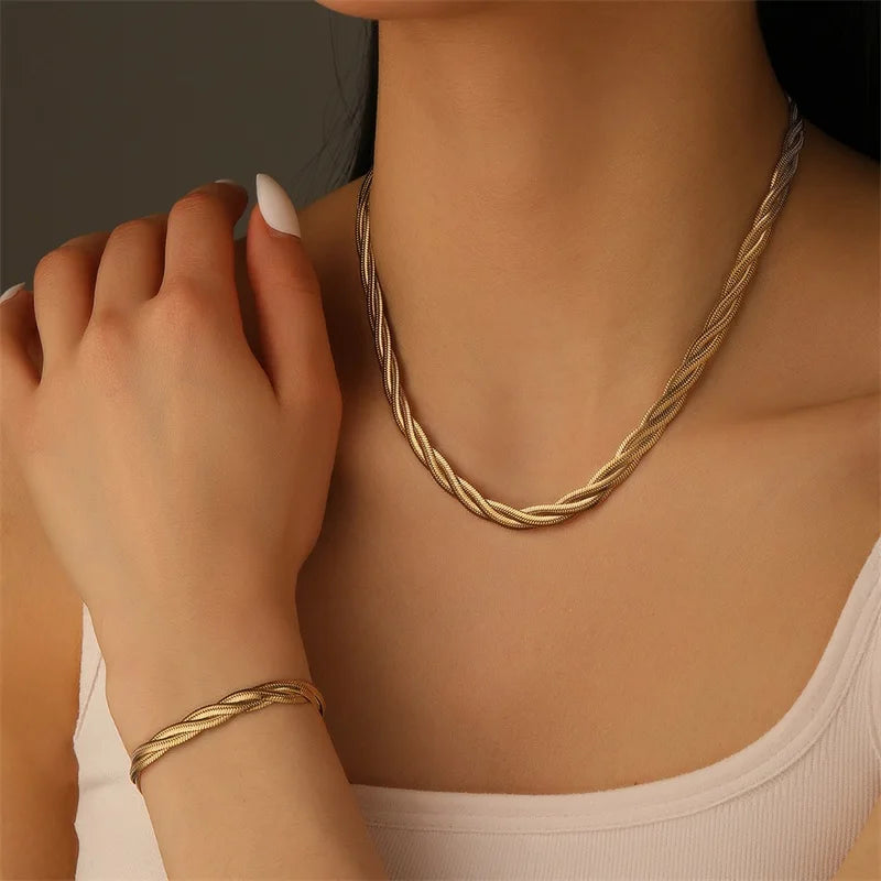 EILIECK 316L Stainless Steel Metal Cross Woven Chain Necklace Bracelet Set For Women Fashion Statement Waterproof Jewelry Gift