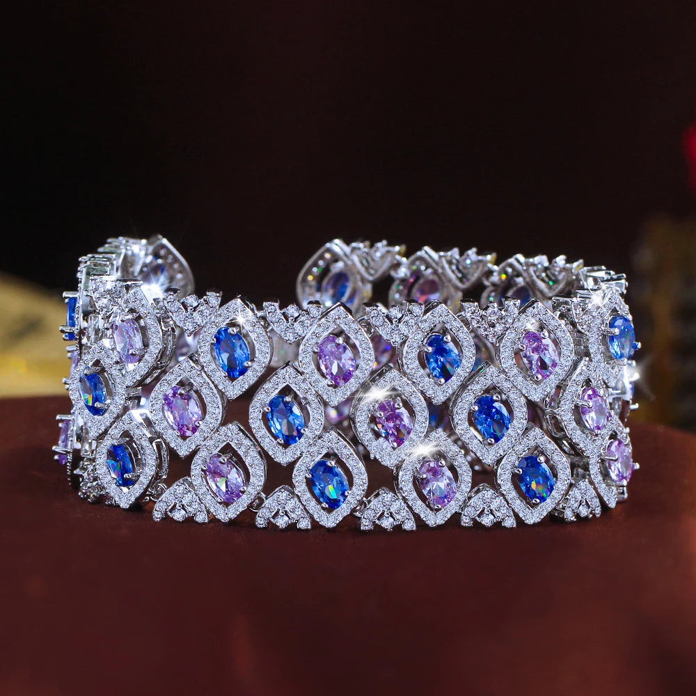 ThreeGraces Vintage Blue Purple Zirconia Big Wide Leaf Bridal Wedding Party Link Chain Bracelet for Women Prom Jewelry B605