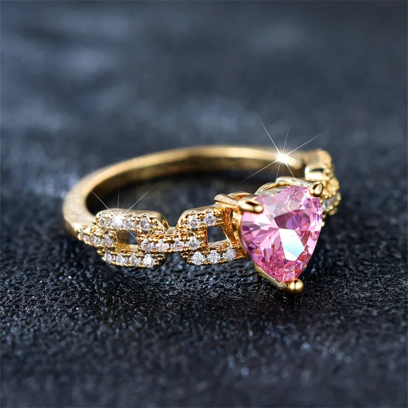 Cute Female Pink Zircon Stone Ring Trendy Yellow Gold Color Heart Engagement Rings For Women Bride Wedding Jewelry Gift