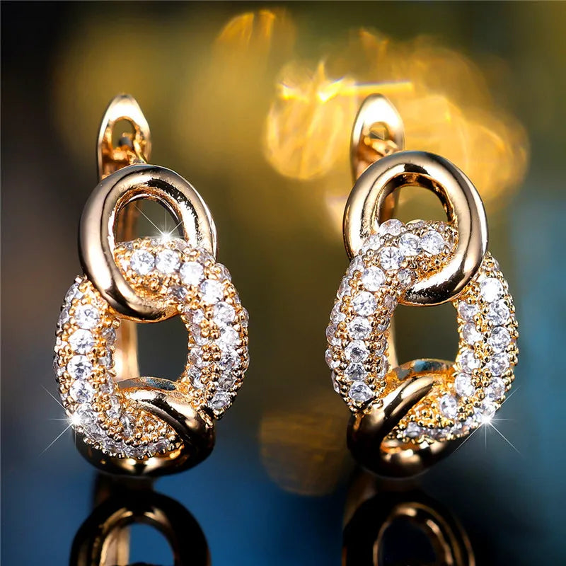 Luxury Female Round Zircon Stone Infinity Clip Earrings Charm Gold Color Wedding Jewelry For Women
