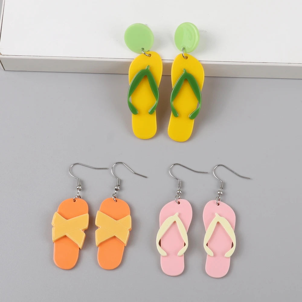 Bohomian Summer Acrylic Flower Slippers Earrings for Women Boho Resin Cute Lemon Leopard Print Shoes Earring Design Jewelry