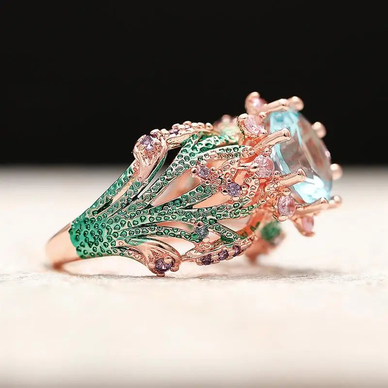 Huitan Special Flower Design Women Ring Colorful Enamel Wedding Party Two Tone Accessories Inlaid Shiny Blue CZ Noble Jewelry