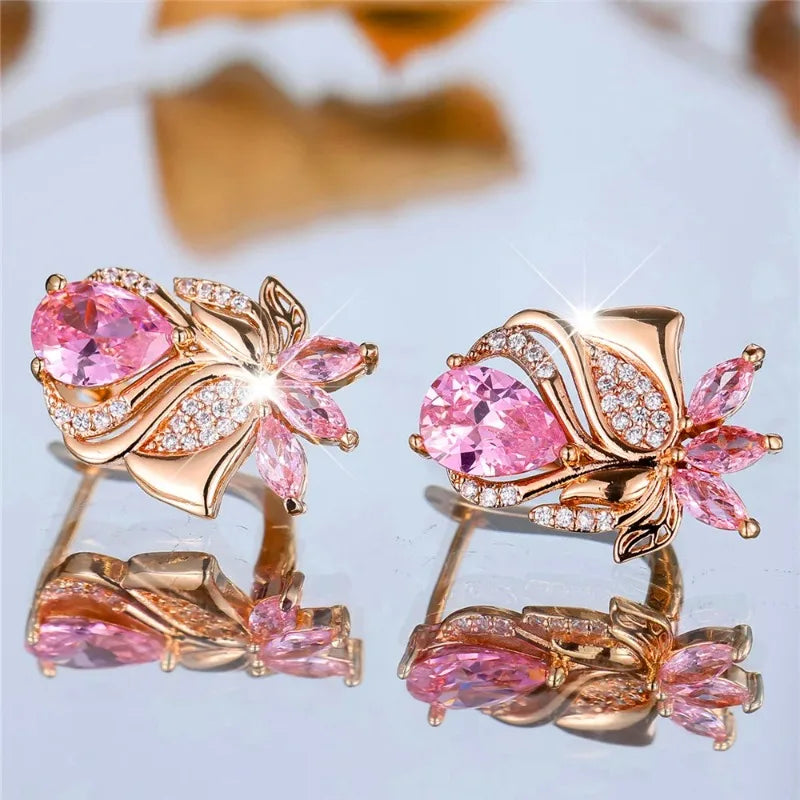 Luxury Female Pink Zircon Hoop Earrings For Women Gold Color Wedding Jewelry Daily Accessories Party Jewelry Gift for Girlfriend