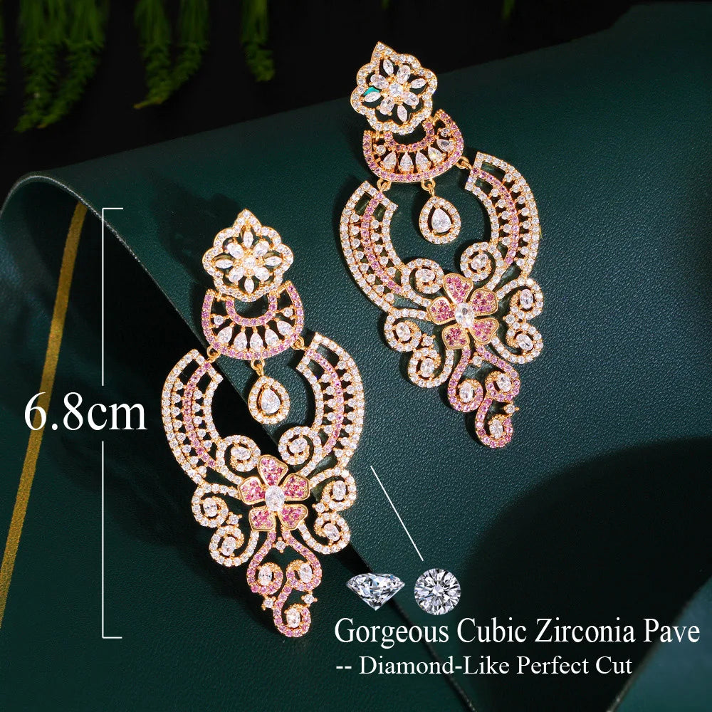 ThreeGraces Vintage Pink Zirconia Luxury Long Big Dangle Earrings for Women Delicate Wedding Evening Party Jewelry E1764