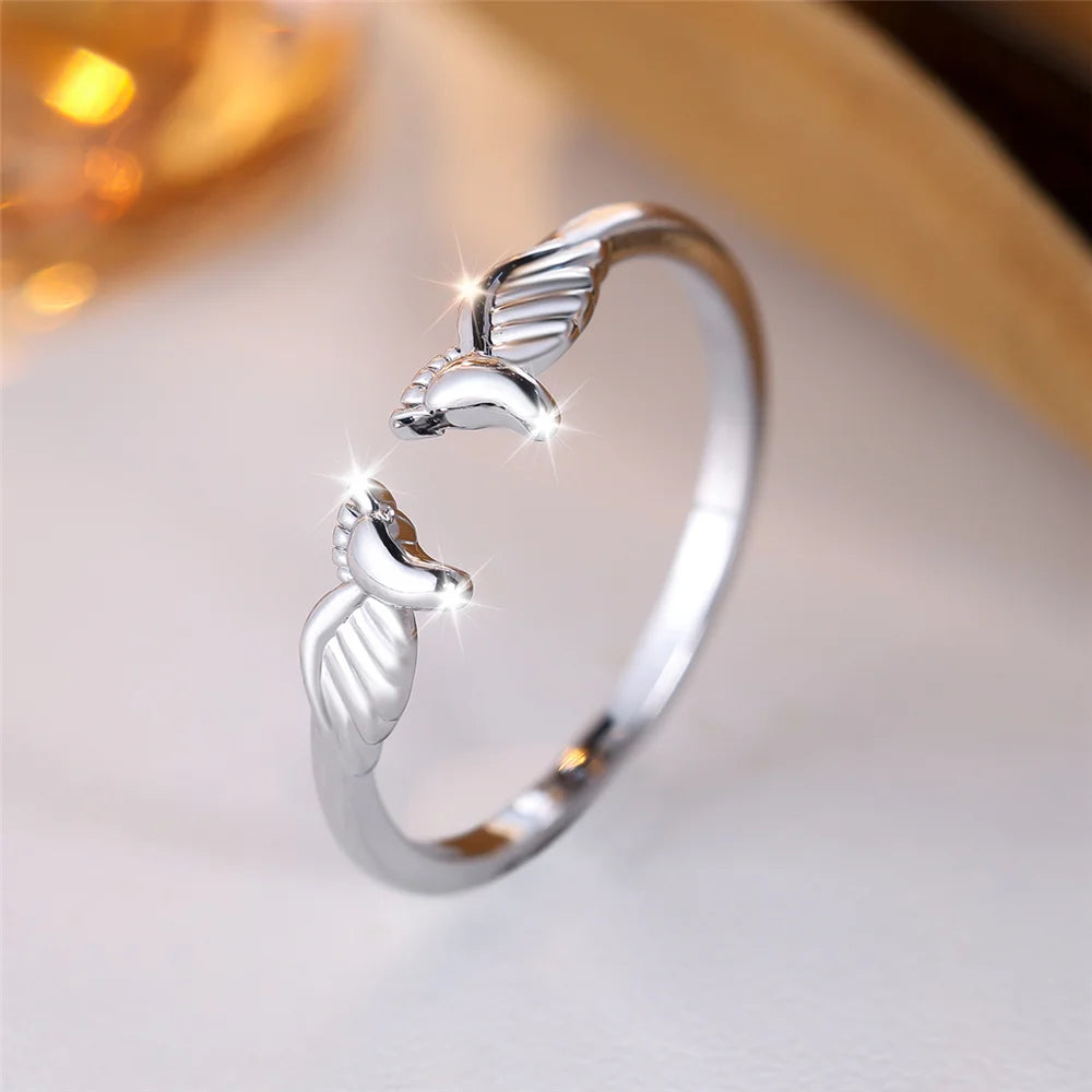 Cute Female White Stone Angel Wing Footprint Ring Silver Color Wedding Jewelry For Women
