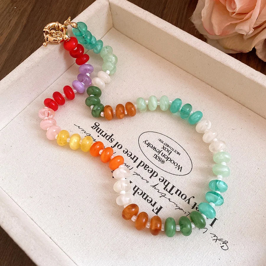 European American Jewelry Rainbow Acrylic Beaded Clavicle Chain Dopamine Sweet Irregular Necklace for Women