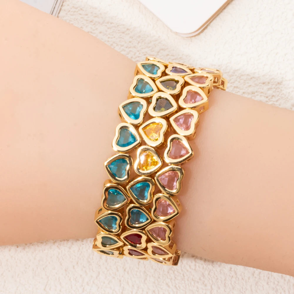 New Copper Heart Beads Gold Color Bracelets for Women Colorful Rhinestone Girl Bangle 2025
