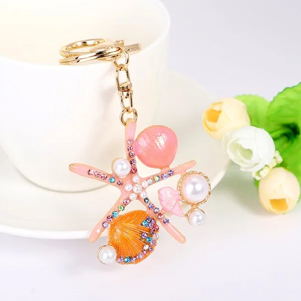 EASYA 2 Colors Sea World Crystal Starfish Keychain Fashion Simulated Pearl Shell Keyring Holders For Women Bag Car Key Chains