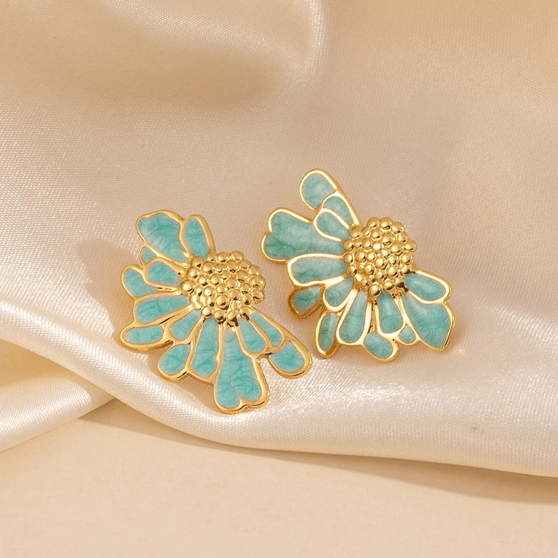 ANENJERY 316L Stainless Steel Drop Oil Flower Stud Earrings For Women Temperament Vintage Elegant Simple Jewelry Gifts Wholesale