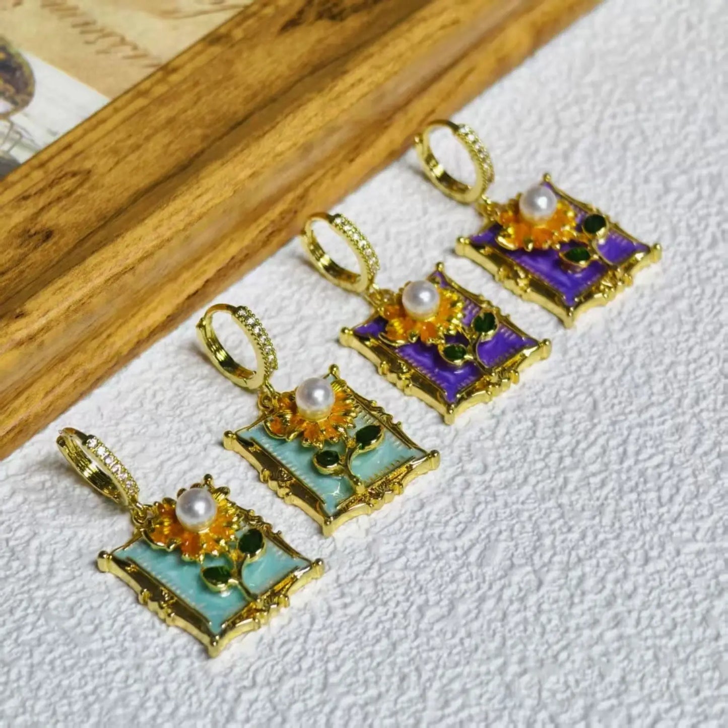 Monet Garden Sunflower Enamel Necklace Earring Set with Ancient Style, High Grade, Fashion Style, Clavicle Stainless Steel