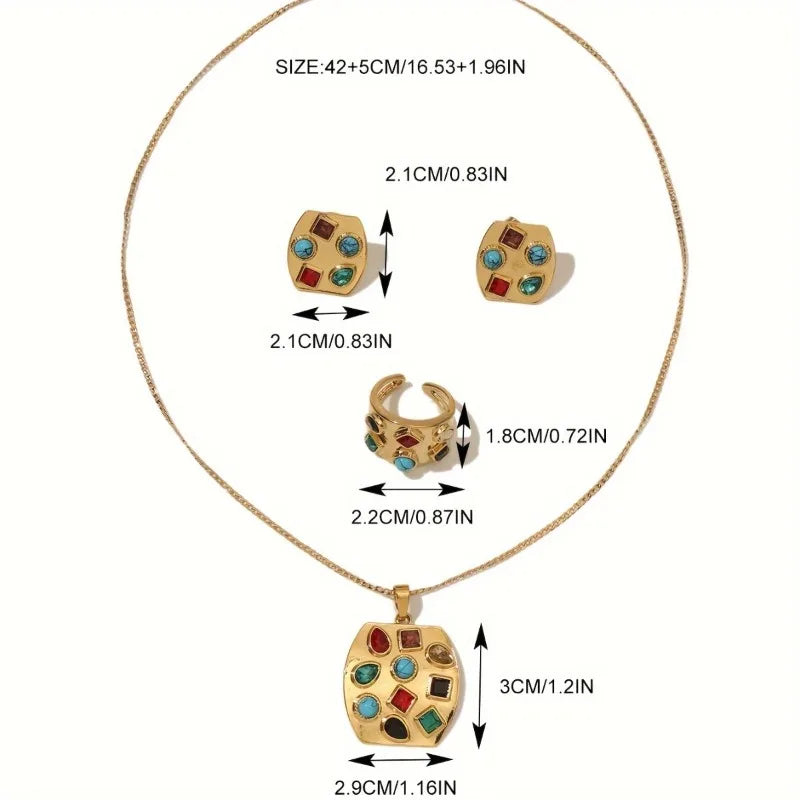 4pcs/set Fashion Jewelry Set with Colorful Inlaid Zirconia Pendant Necklace Earrings Ring for Women Holiday Party Accessories
