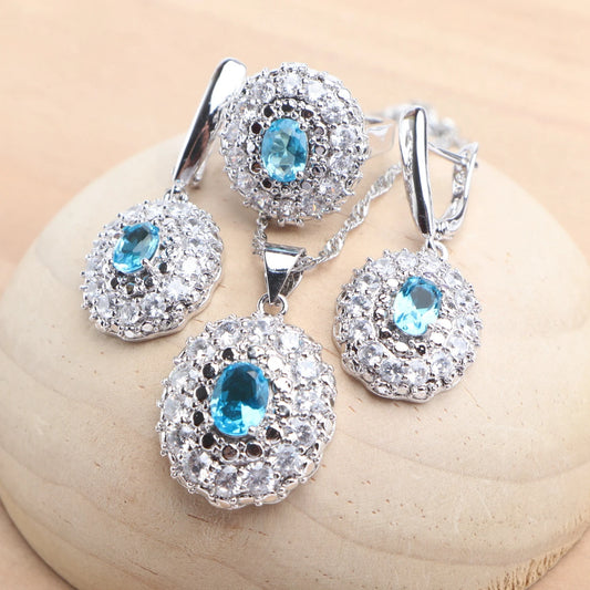 925 Silver Bridal Jewelry Sets Blue Zircon For Women Earrings Rings Pendant Wedding Necklace Set