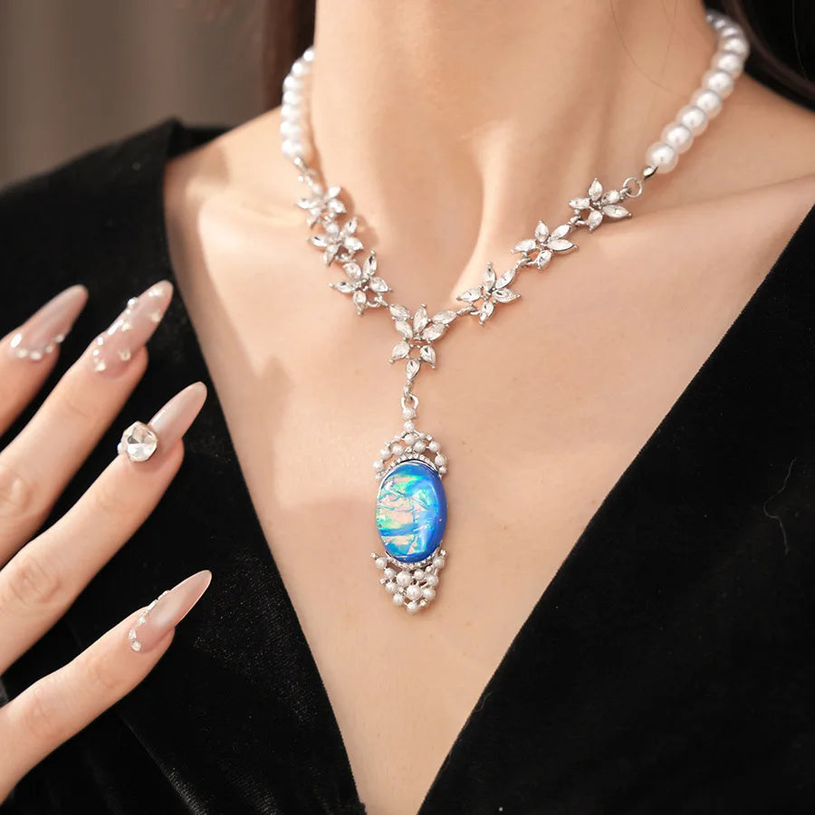 Imitation Pearl Necklace Drop Earrings Oval Shaped Pendant Necklace Earring Women's Fashion Rhinestone Party Jewelry Set  K