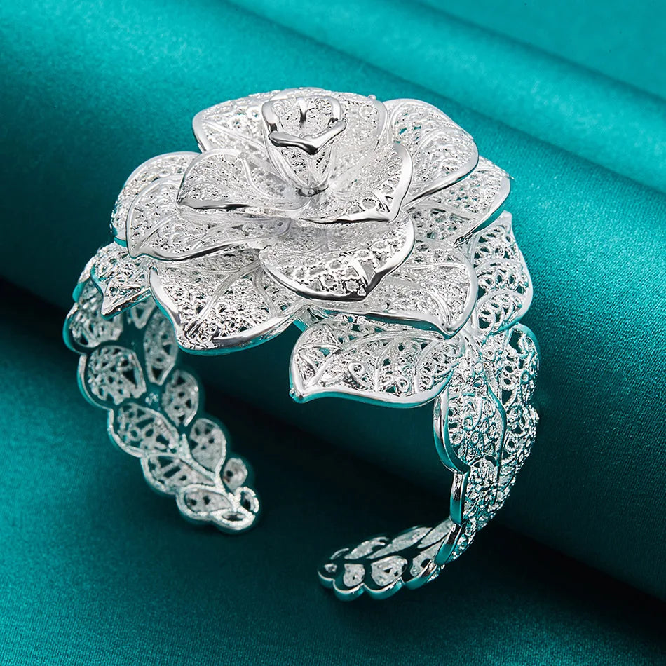 URMYLADY 925 Sterling Silver Big Flower Adjustable Ring Bangle Bracelets Jewelry Sets For Women Wedding Party Fashion Charm Gift