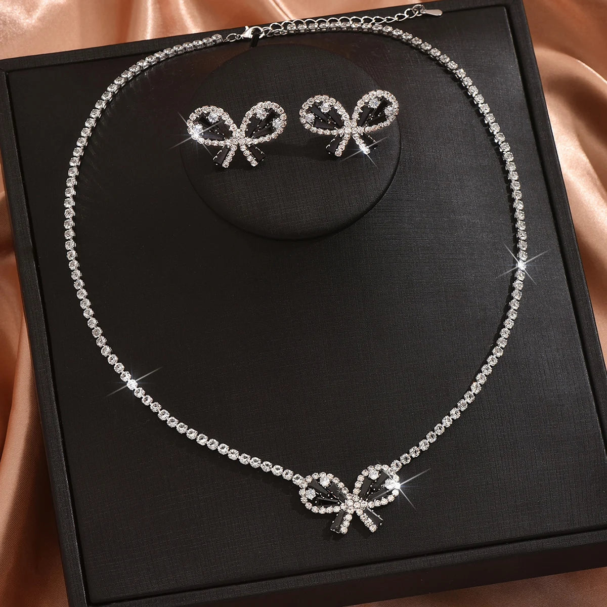 Sparkling bow, crystal necklace, earrings, jewelry set, ball bridesmaid, sweet girl style, summer graduation party accessories
