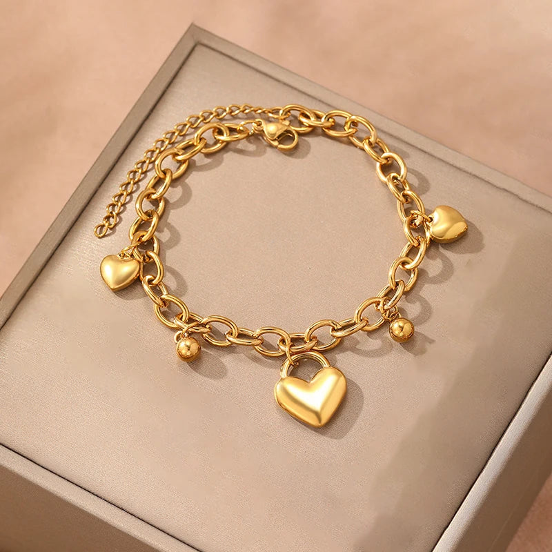 EILIECK 316L Stainless Steel Fashion Heart Love Charm Bracelet For Women New Trendy Waterproof Wrist Chain Jewelry Lady Gift