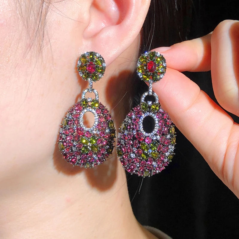 ThreeGraces Vintage Elegant Rose Red Zirconia Long Geometric Drop Earrings for Women Trendy Luxury Wedding Party Jewelry E2106