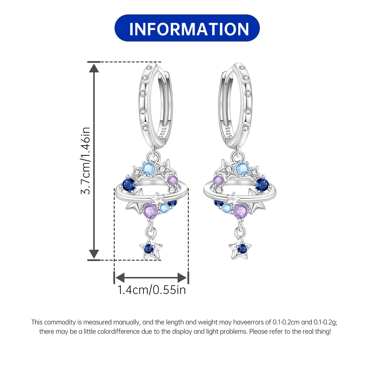 Orstarry 925 Sterling Silver Sparkling Blue Star Planet Drop Earrings Women Earrings Charm Trend Versatile Party Jewelry Gifts