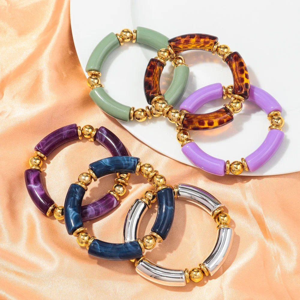 New Design Acrylic Gold Color Beads Chunky Bamboo Bracelets for Women Resin Curved Tube Stretchy Bangle 2024 Fashion Jewelry