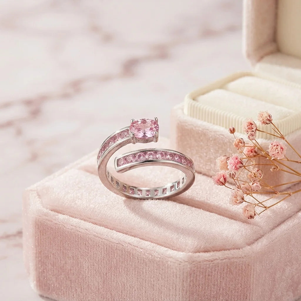 Silver Color Inlaid Oval Pink CZ Luxury Adjustable Women Open Ring, Jewelry Gift for Commute Party Dating Vacation