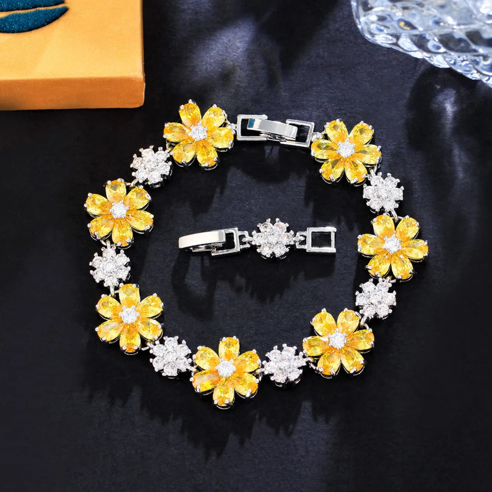 ThreeGraces High Quality Green Cubic Zirconia Gold Color Flower Link Chain Bracelet for Women Fashion Dubai Party Jewelry BR294