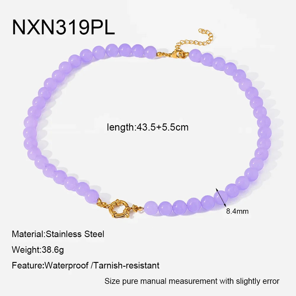 2026 Rainbow Cats Eye Glass Bead Choker Necklace 18K Gold Plated Stainless Steel Summer Bikini Gift for Women Girls