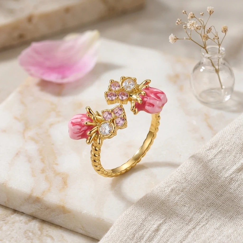 Sweet Double Rose Adjustable Open Ring for Women, Gold Plated Luxury All-match Jewelry, Daily Party Wear Gift Finger Ring