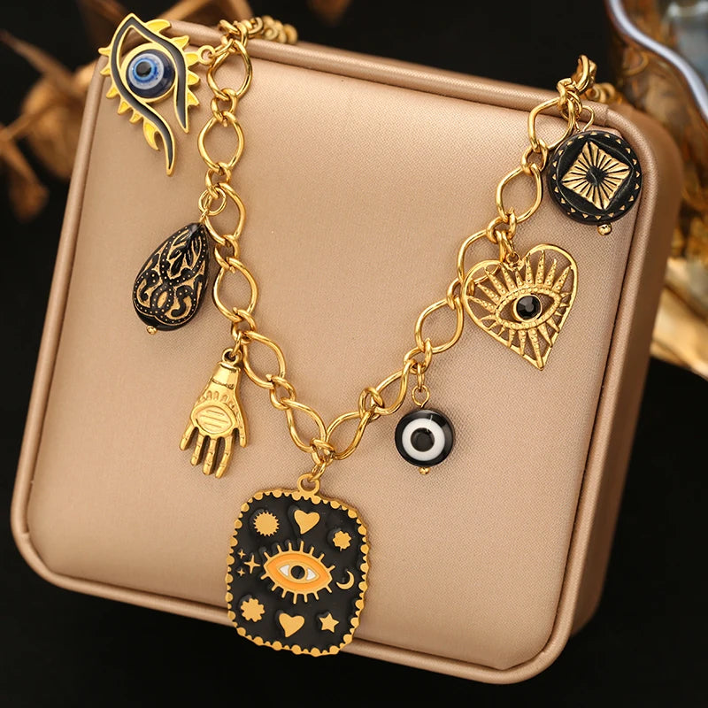 EILIECK 316L Stainless Steel Multiple Charms Pendant Necklace For Women Trendy 18K Gold PVD Plated Waterproof Neck Chain Jewelry