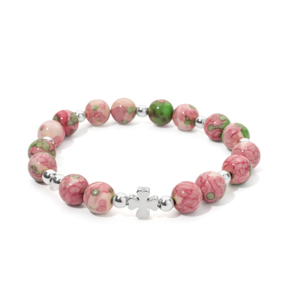 New 8MM Natural Stone Girl Bracelets Colorful Round Beads Alloy Gold Color Cross Women Bangle Fashion Jewelry Accessories 2024