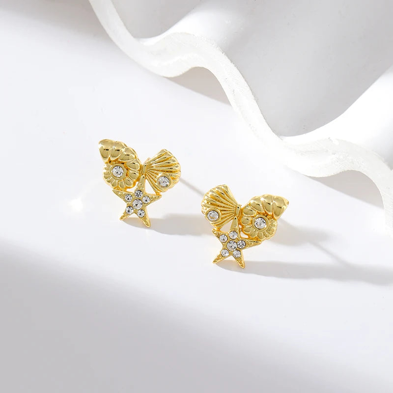 EILIECK 316L Stainless Steel Starfish Shell Zircon Stud Earrings For Women Fashion Waterproof Ear Jewelry Girls Gift Bijoux
