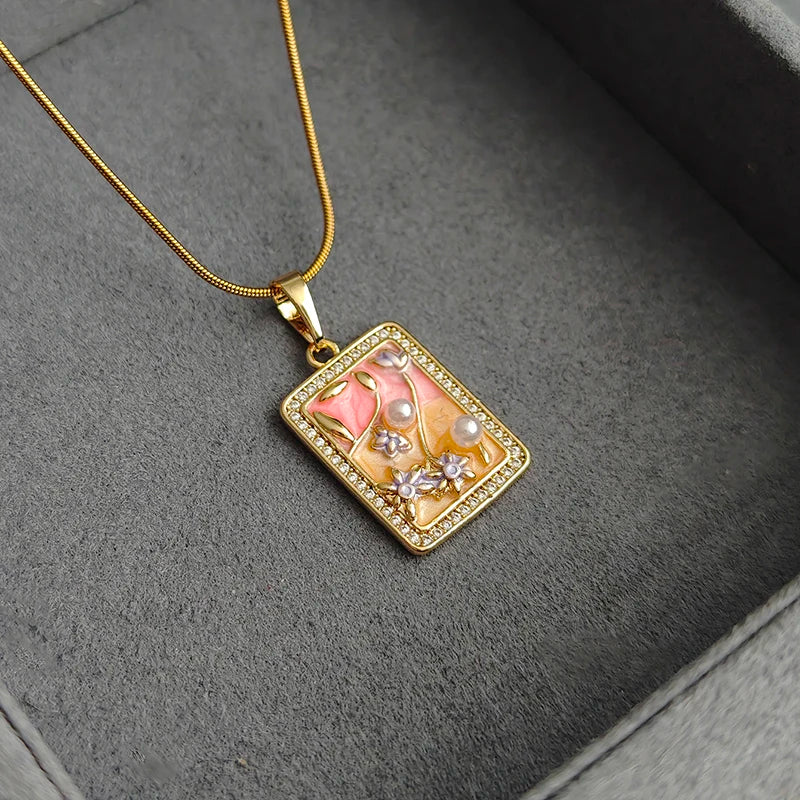 ANENJERY 316L Stainless Steel Oil Painting Flower Necklace For Women Vintage French Fashion Neck Chain Jewelry Gift Wholesale