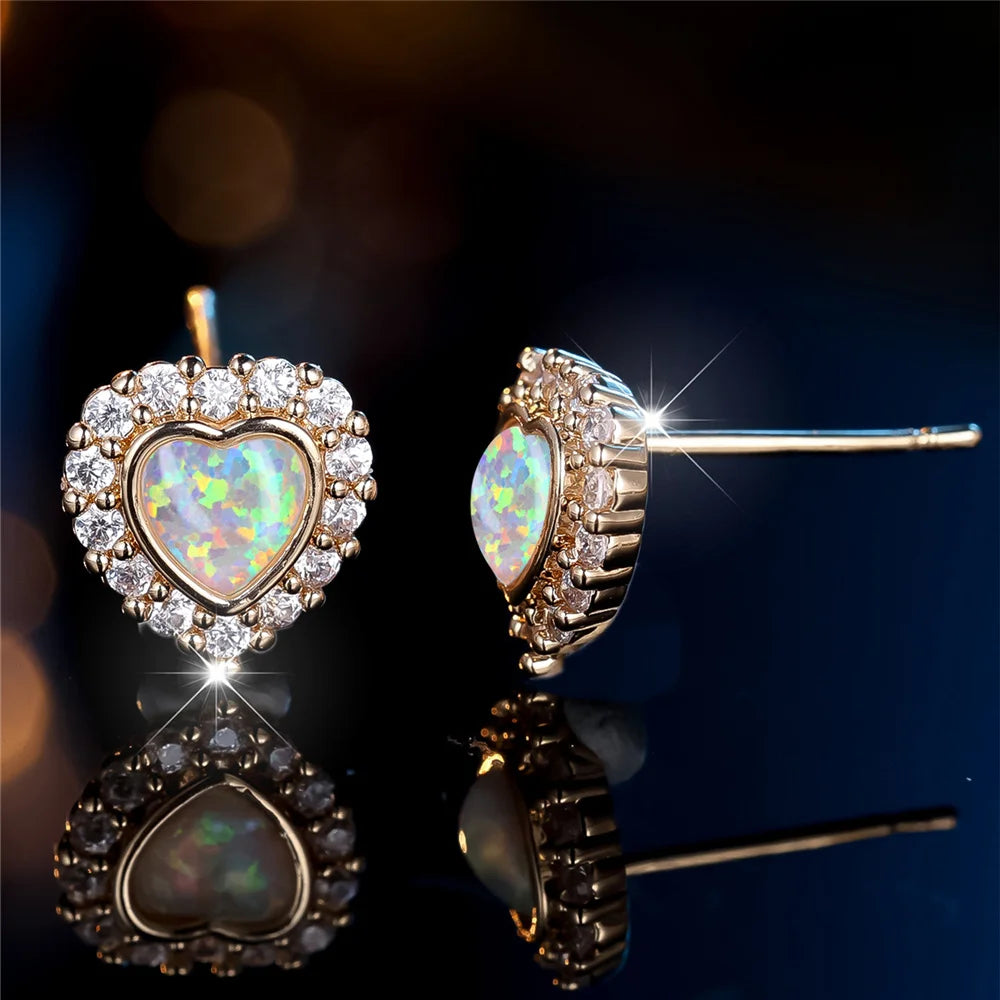 Cute Female White Fire Opal Stone Heart Stud Earrings Gold Color White Zircon Wedding Jewelry For Women