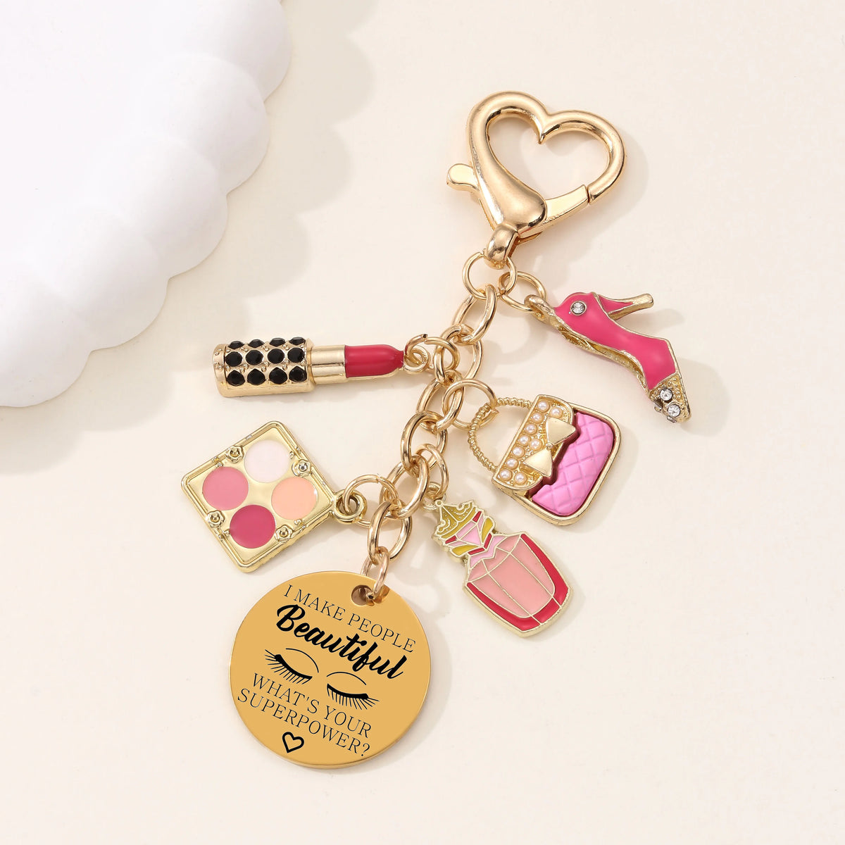 1pc Laser Engrave Eye Shadow Palette Handbag Lipstick High Heels Keychain Cartoon Cosmetics Series Key Ring For Friends Gift