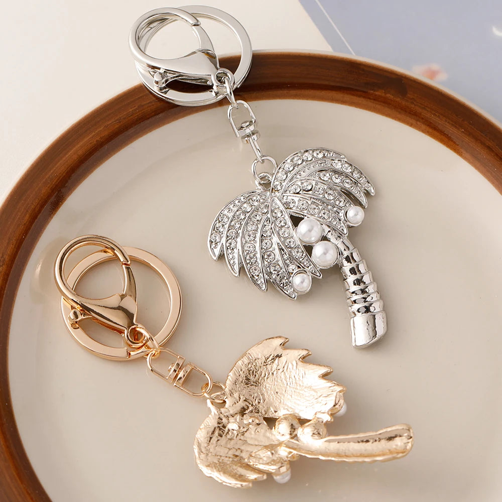 Coconut Tree Crystal Pearl Keychain Golden Color Key Ring Women's Bag Pendant Souvenir Gift Hawaii Beach