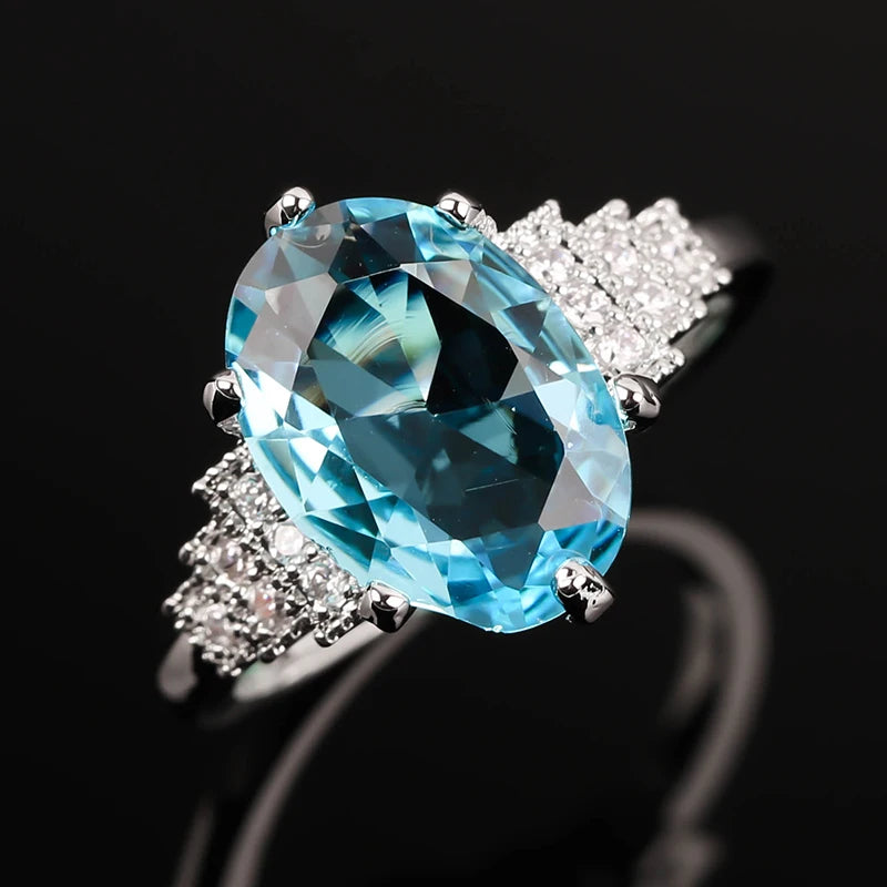 Fashion Silver Plated Oval Water Blue Glass Filled Rings Engagement Ring for Women Accessories Female Wedding Jewelry Gift
