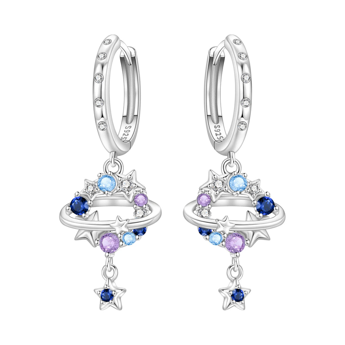 Orstarry 925 Sterling Silver Sparkling Blue Star Planet Drop Earrings Women Earrings Charm Trend Versatile Party Jewelry Gifts