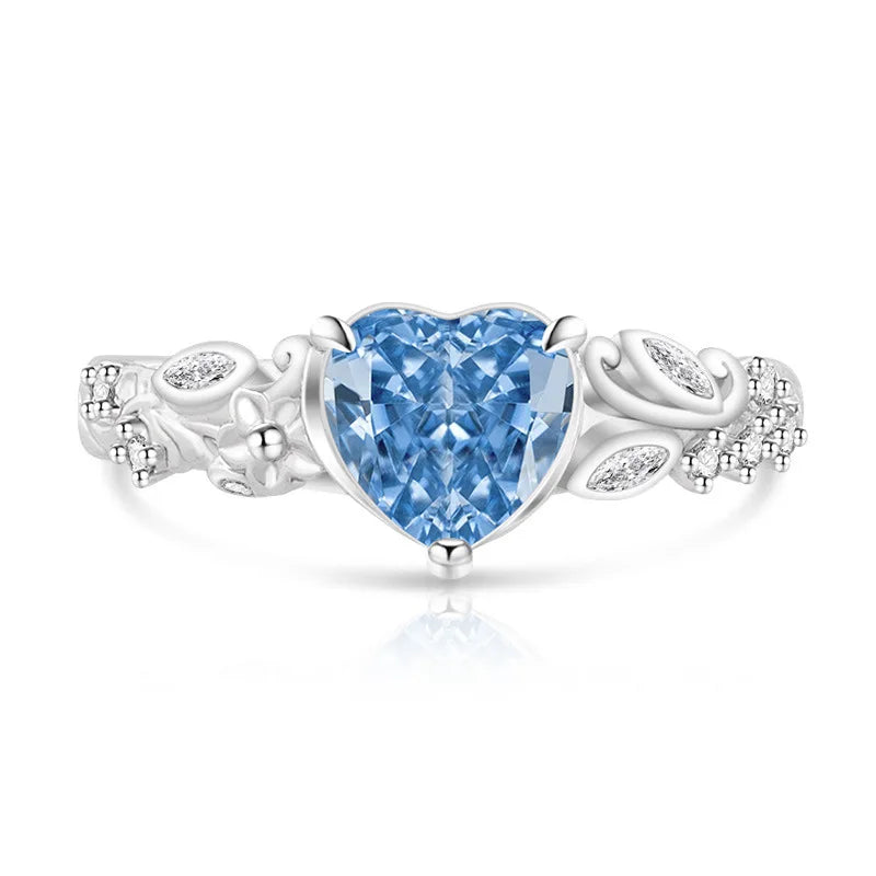 925 Sterling Silver Heart Ice Flower Cut Solitaire Ring, Antique Floral Band with Marquise Side Zircon, Ladies Party Jewelry