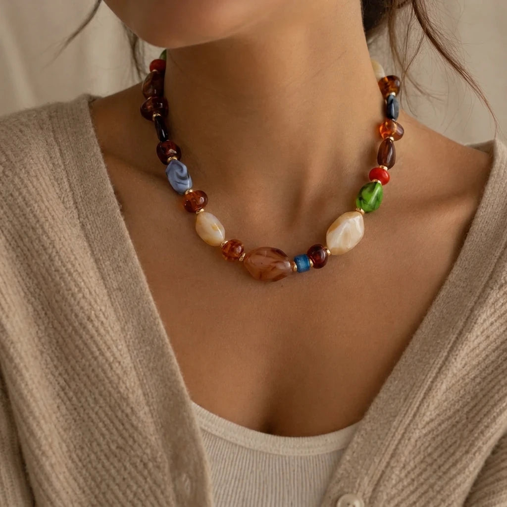 Colorful Irregular Resin Beaded Heart Pendant Necklace for Women Bohemia Brown Round Adjustable Choker Party Jewelry Gifts