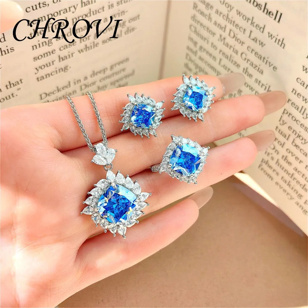 Light Luxury 925 Sterling Silver Set, Diamond Ring for Women, Elegant Pendant Necklace, Gemstone Stud Earrings