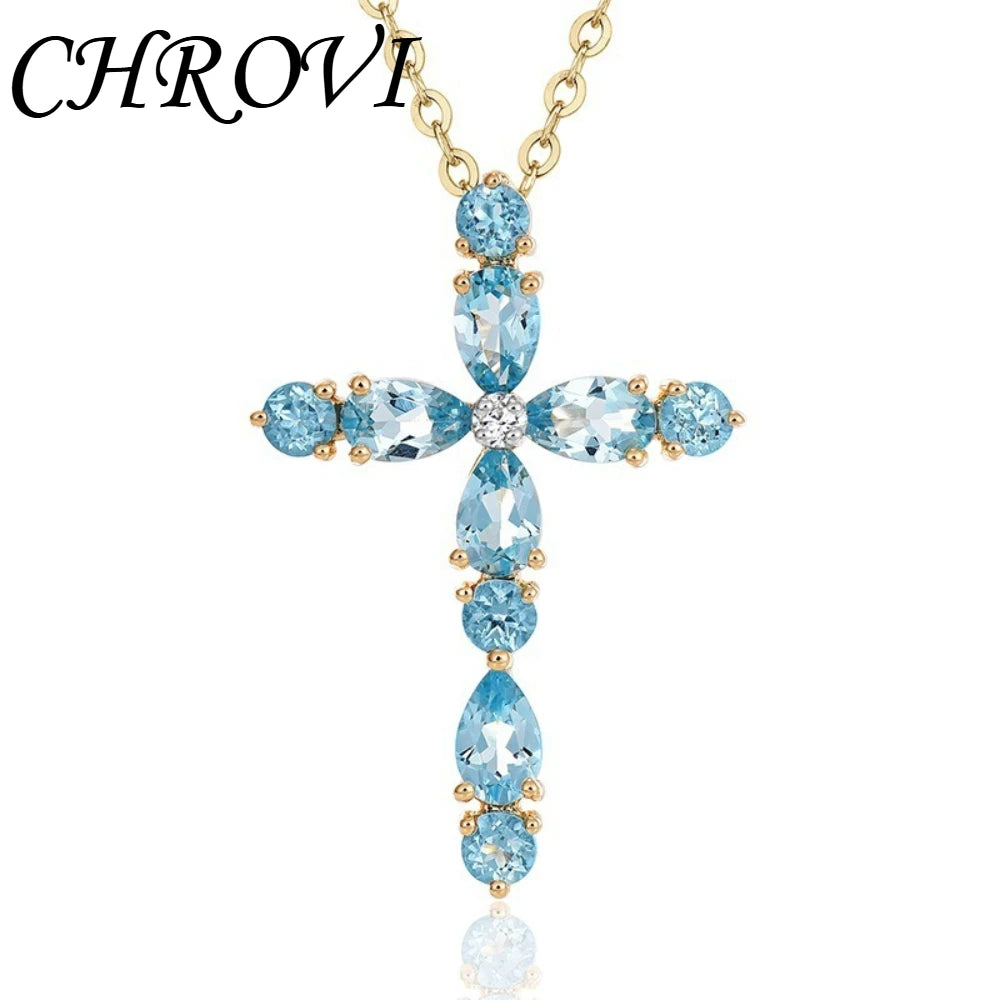Luxury-Style 925 Sterling Silver Topaz Natural Colored Gemstone Cross Beaded Necklace for Women, Around the Neck