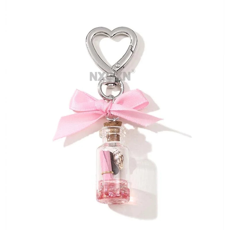 1pc Pink Drift Bottle Cute Bow Pretty Keychain Lovely Ocean Communicate Key Ring For Women Girls Handmade Good Gift Jewelry