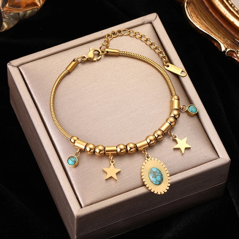 EILIECK 316L Stainless Steel Water Drop Zircon Butterfly Hexagram Charm Bracelet For Women Trend Fashion Gold Color Jewelry Gift
